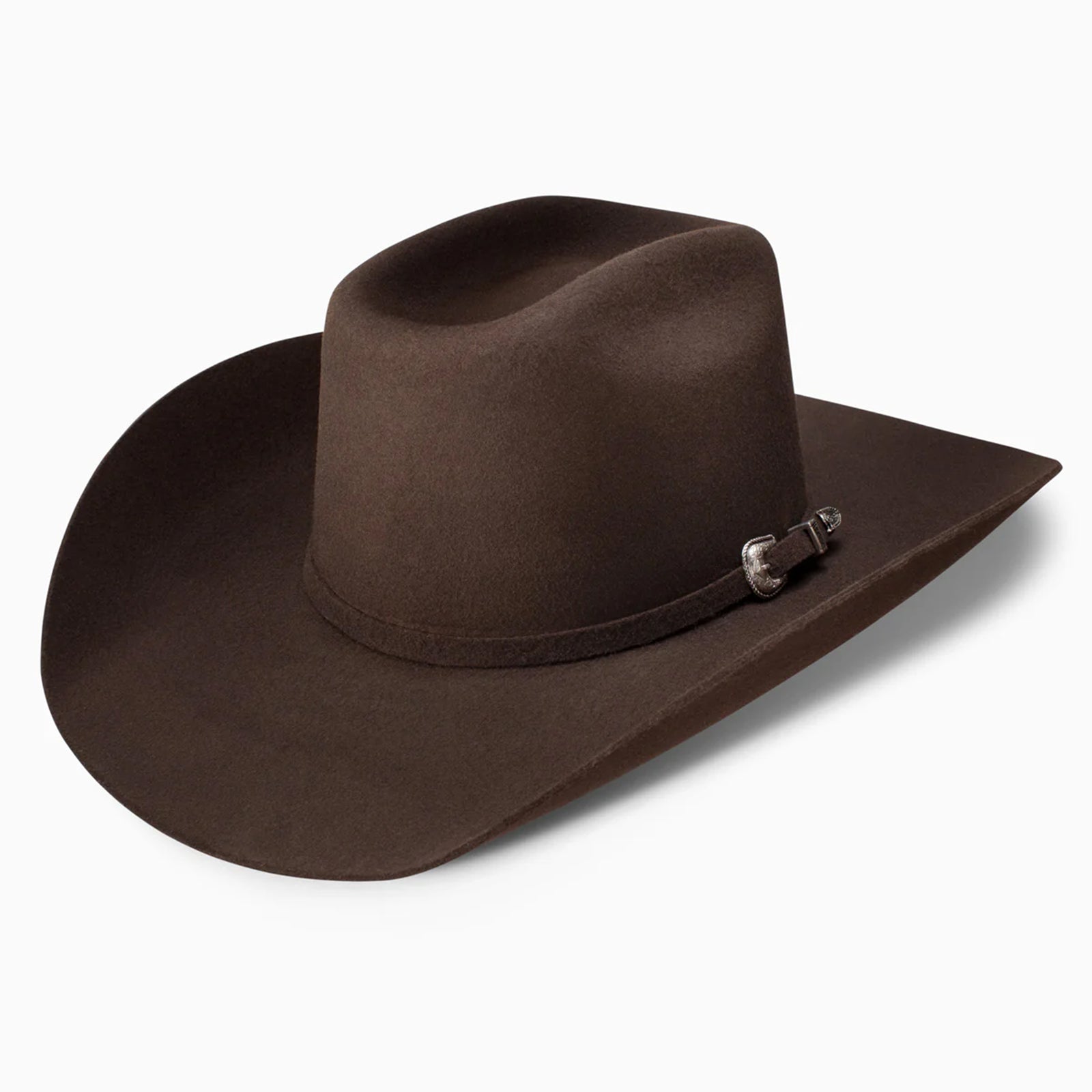 Resistol Pennington Youth Felt Cowboy Hat. A brown wool felt cowboy hat with a brim and a snap button at the back.