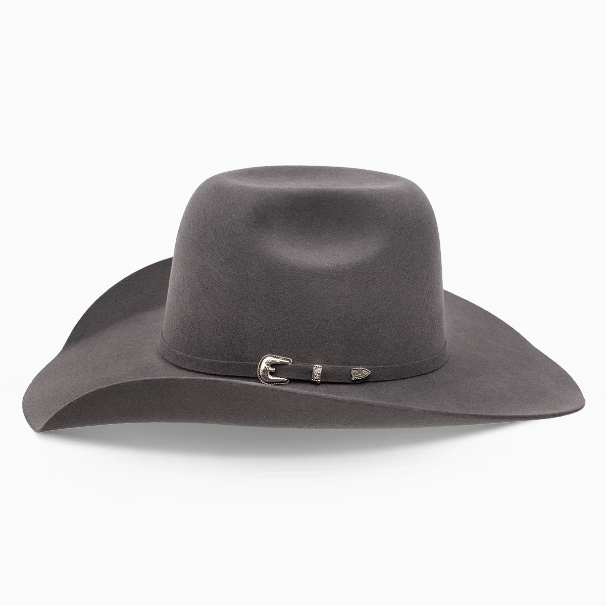 Resistol 3X Pay Window Tuff Hedeman Felt Cowboy Hat. Gray cowboy hat with a belt on a white background