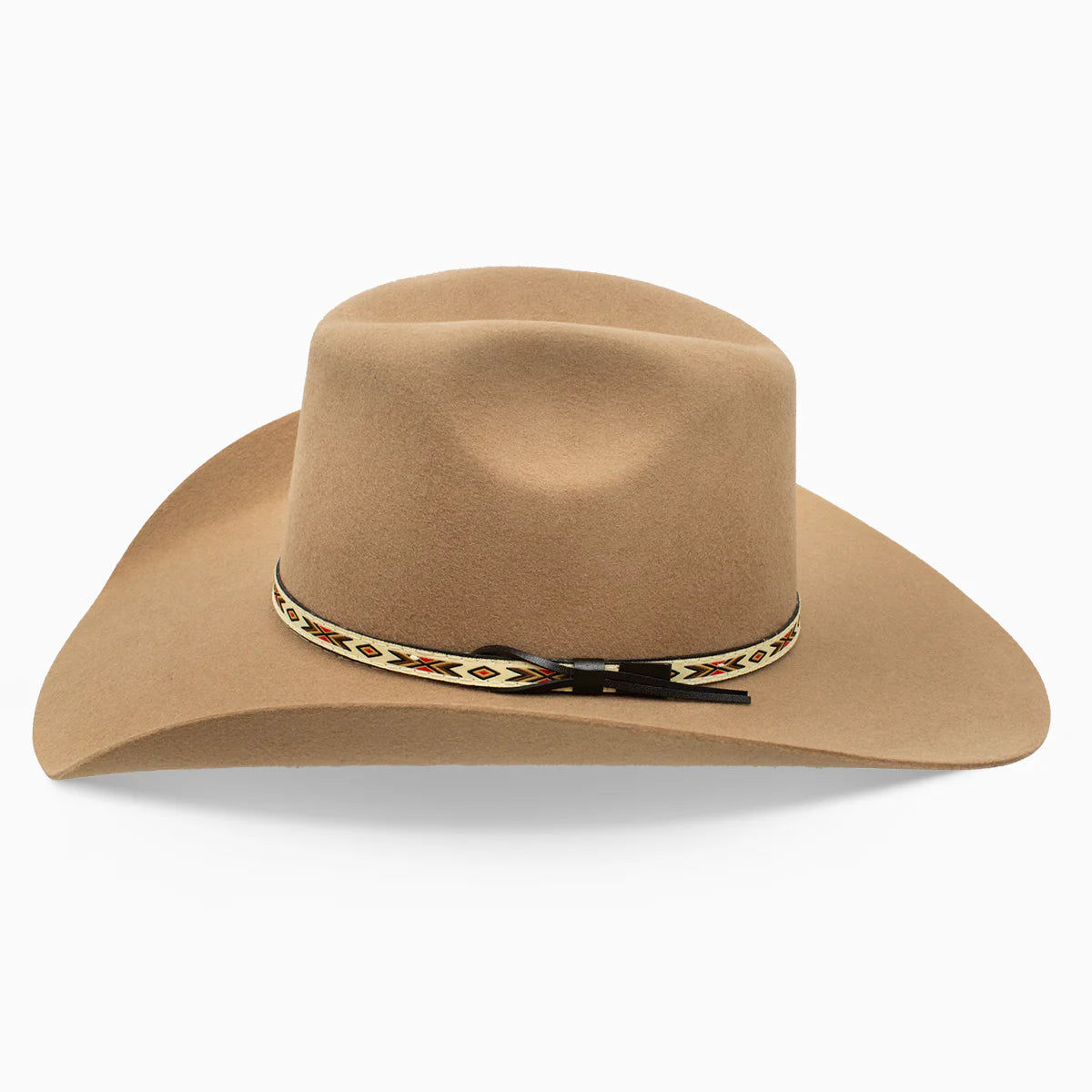 Resistol 3X Tempe Tuff Hedeman Felt Cowboy Hat. Tan cowboy hat with a decorative band on a white background