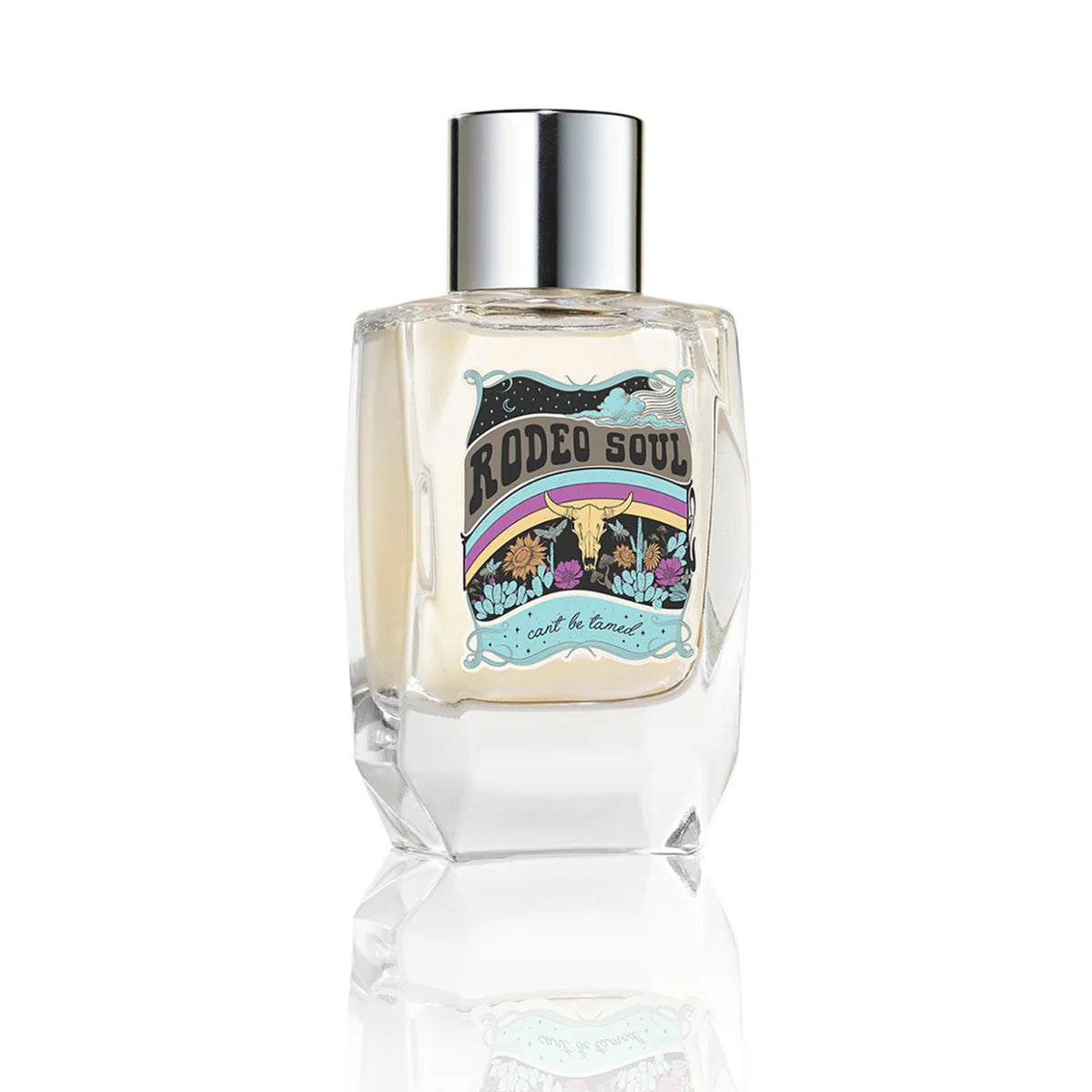 Perfume bottle with colorful label on a white background