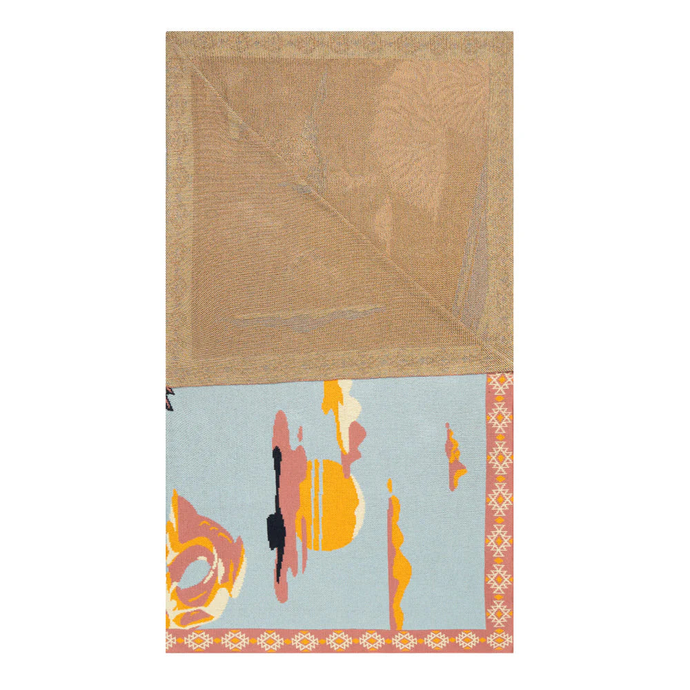 Lone Bronco Rider Throw. Rug with abstract design and geometric border on light background