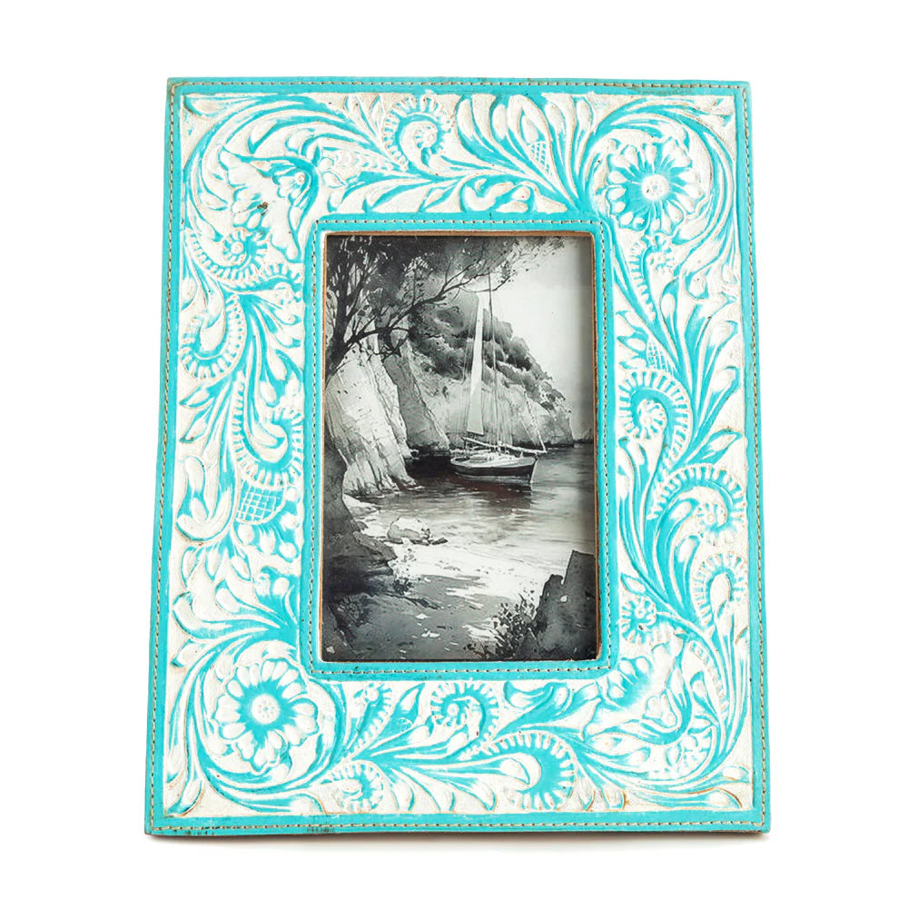 Prairie Breeze Picture Frame. Decorative photo frame with turquoise and white pattern holding a black and white photo.