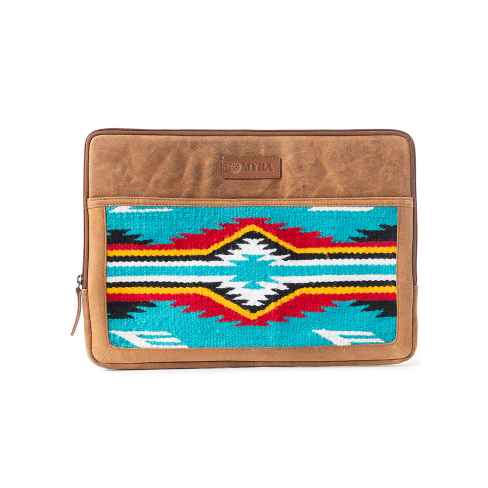 Laptop sleeve with tribal pattern and brown leather accents on a white background