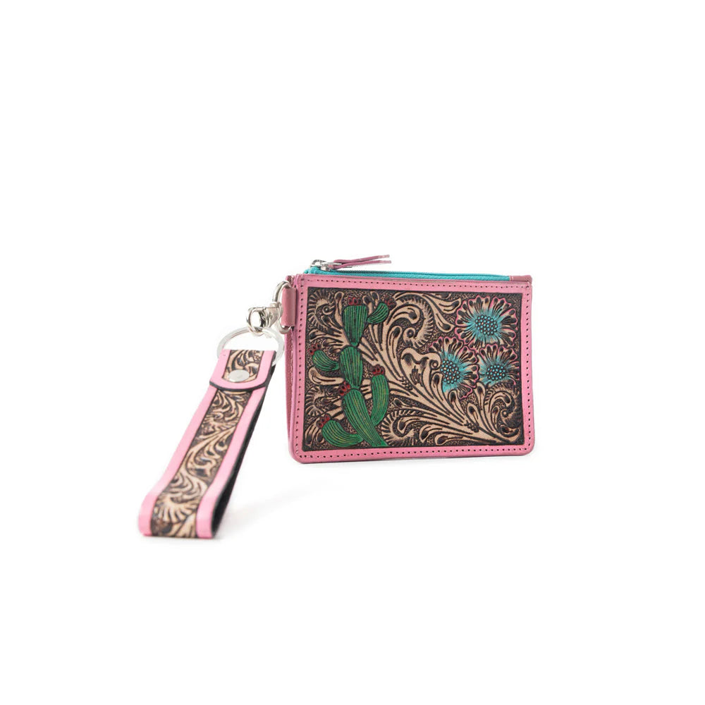 Pride of Prickly Pears Credit Card Holder. A slim leather card wallet with hand-painted cactus and turquoise flowers, featuring pink trim and an ID window.