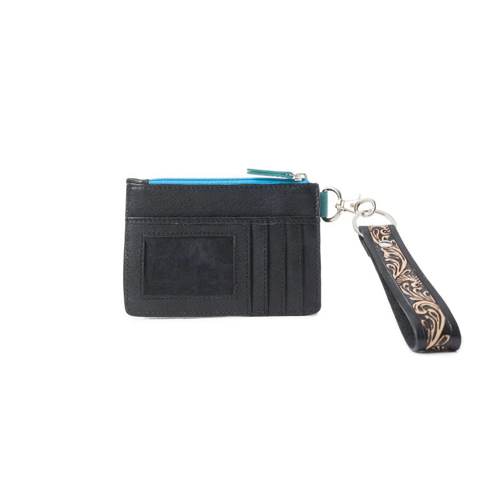 Pride of Prickly Pears Credit Card Holder in Black. Black wallet with a keychain on a white background