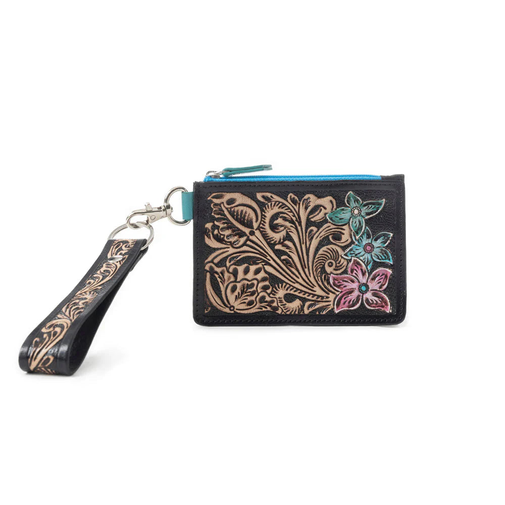 Pride of Prickly Pears Credit Card Holder in Black. Black leather wallet with floral embroidery and wrist strap on a white background