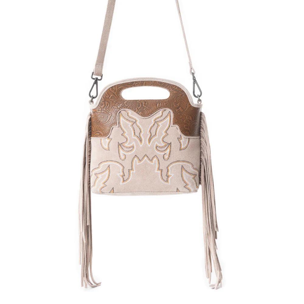 Electric Dessert Shoulder Bag In Brown. Handbag with floral embroidery and fringe on a white background