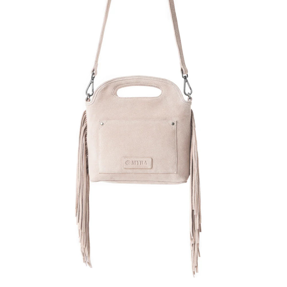 Electric Dessert Shoulder Bag In Brown. Beige handbag with fringe details on a white background