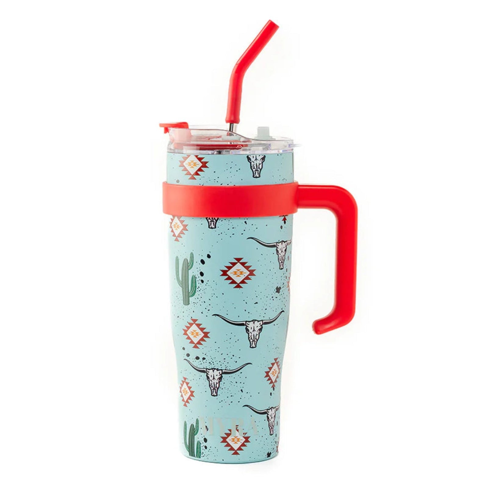 Wide Wyoming Tumbler In Sea Blue. A blue travel tumbler with a cowhide print and brown accents, featuring a red handle and straw.