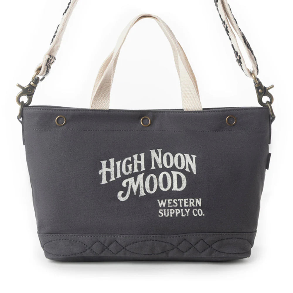Black tote bag with 'High Noon Mood' text on a white background