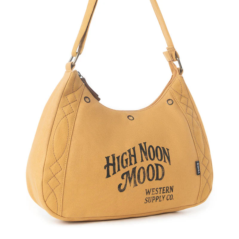 Tan handbag with 'High Noon Mood' text on a white background