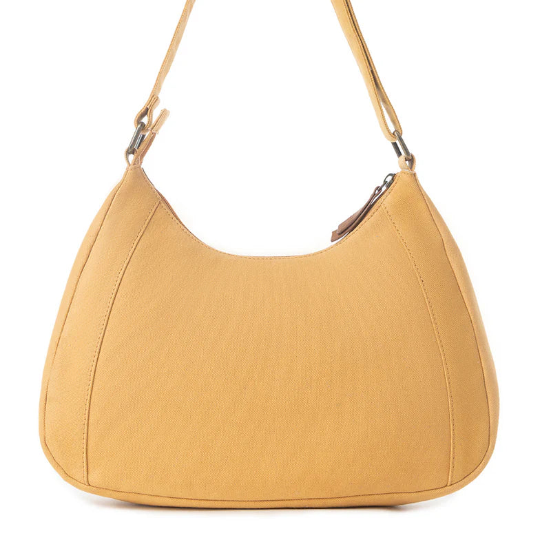 Yellow handbag with a strap on a white background