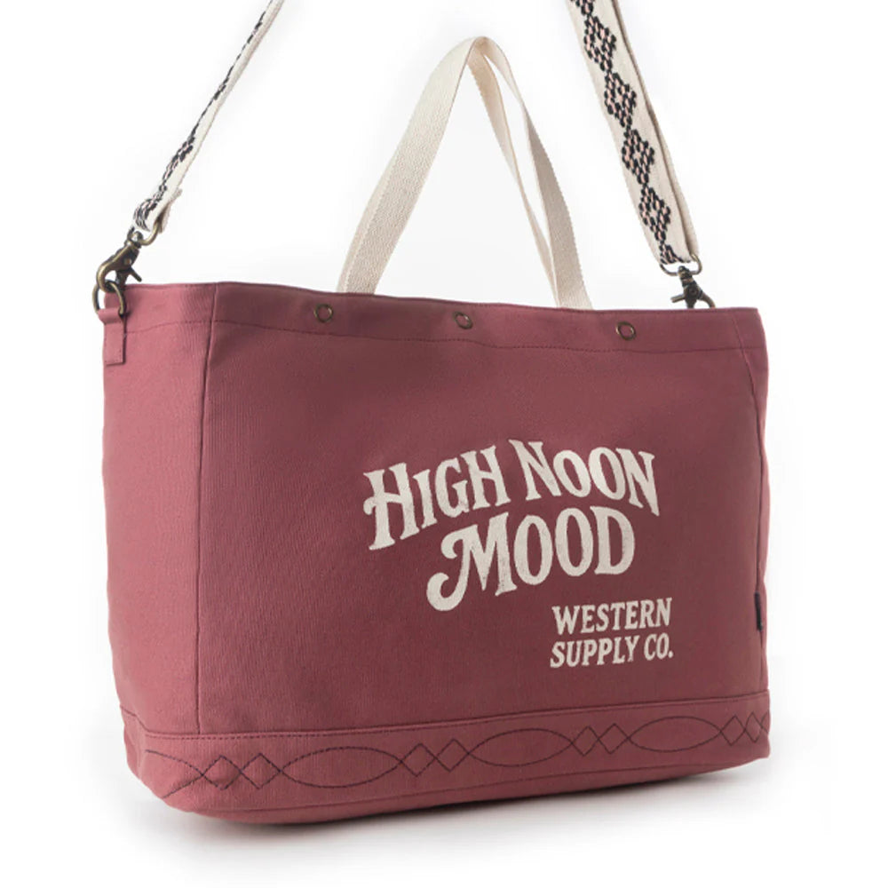 Maroon tote bag with 'High Noon Mood' text on a white background