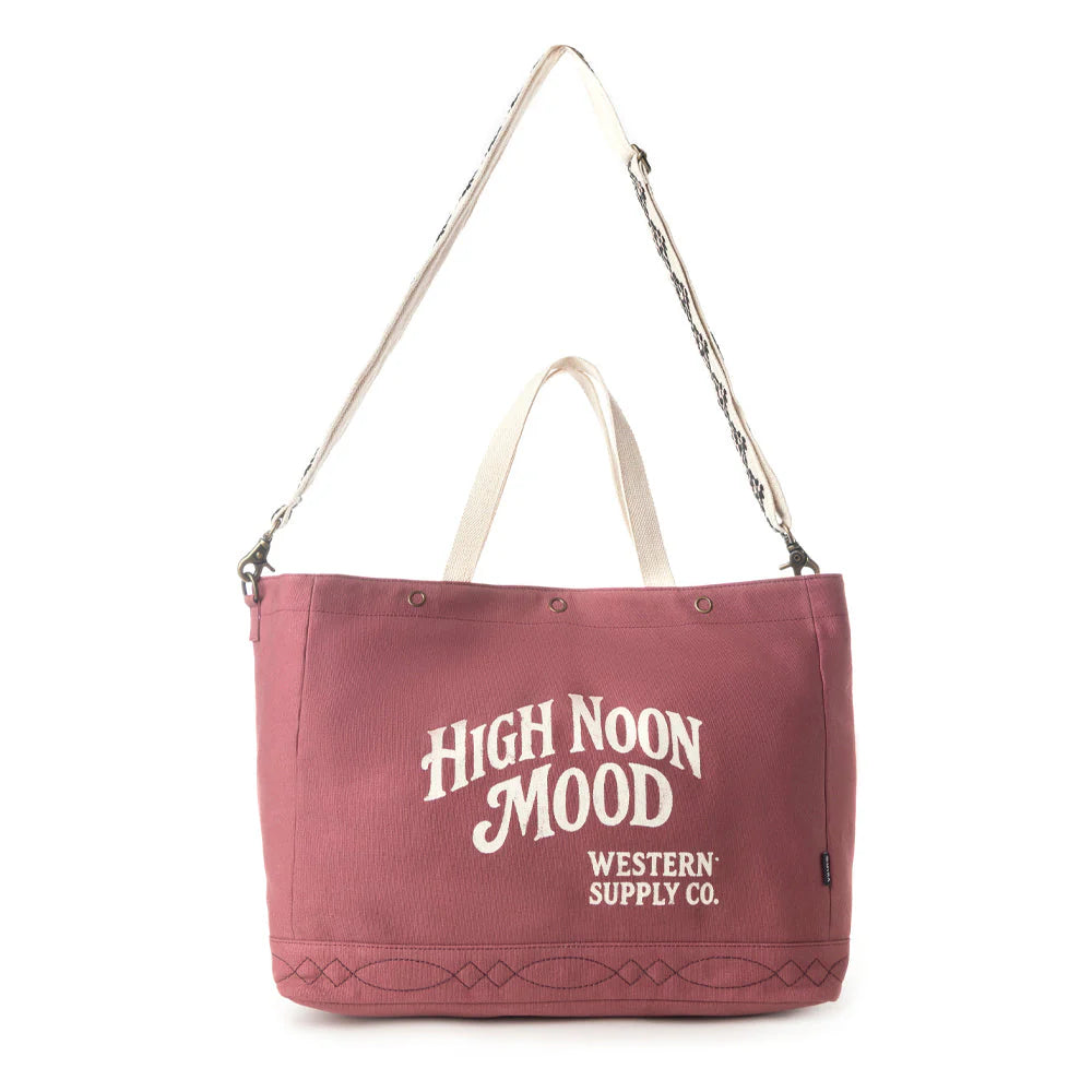 Red tote bag with 'High Noon Mood' text on a white background
