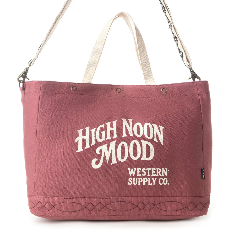 Maroon tote bag with 'High Noon Mood' text on a white background