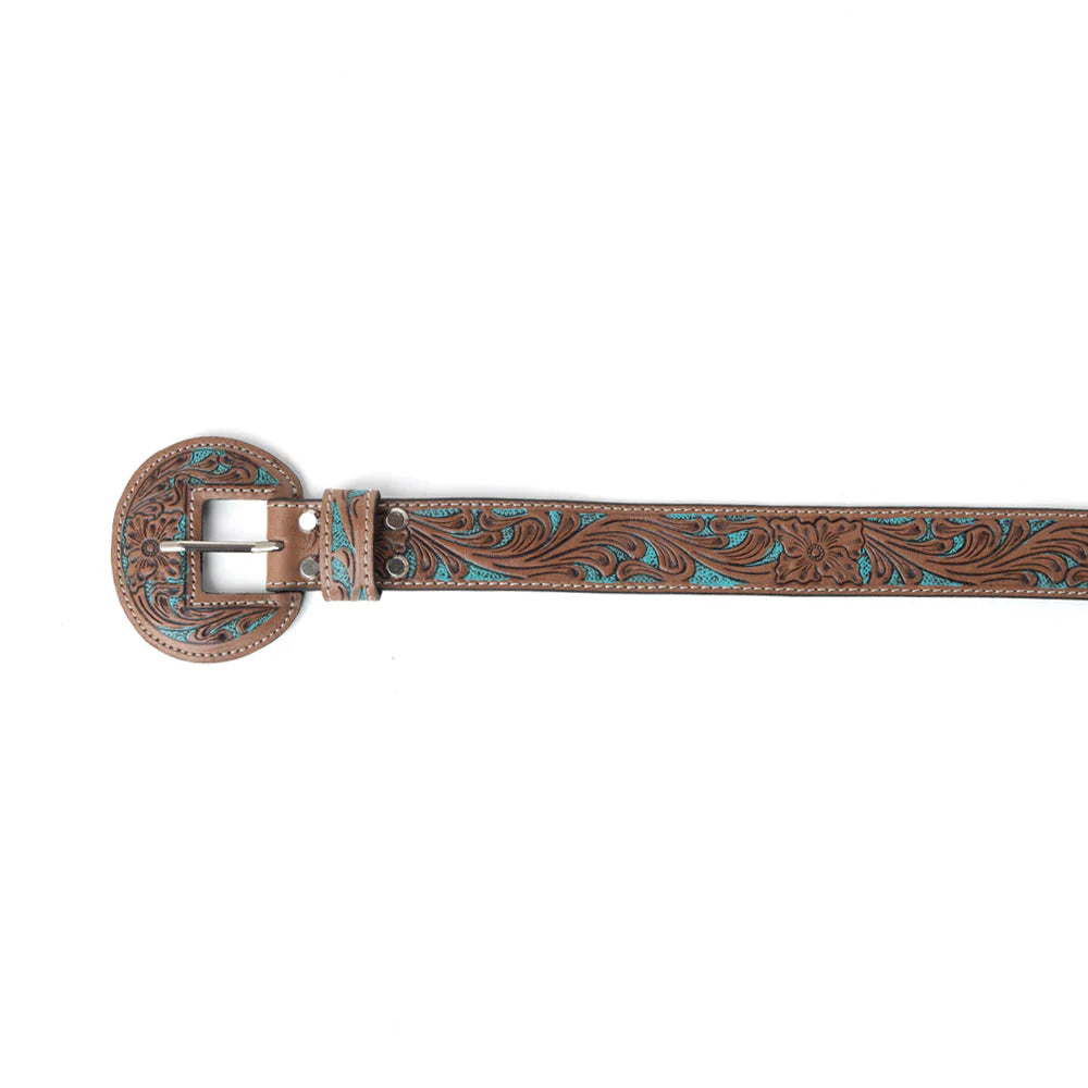 Brown leather belt with intricate turquoise designs on a white background