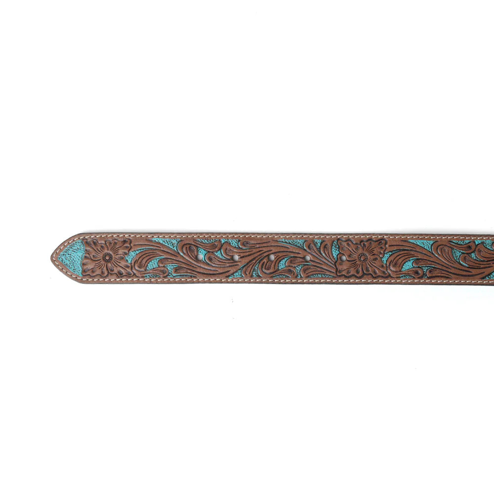 Decorative leather strap with intricate patterns and turquoise accents on a white background