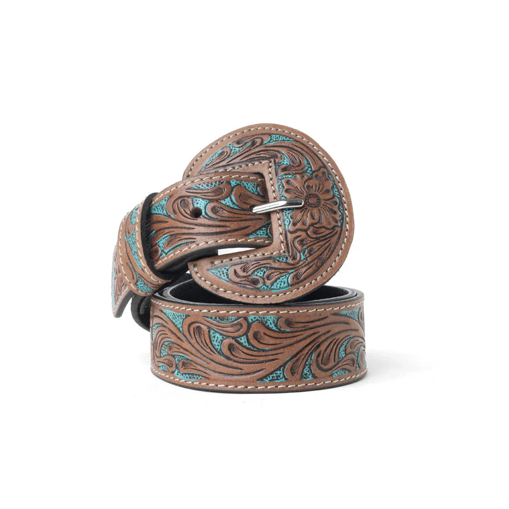 Brown leather belt with turquoise embroidery on a white background