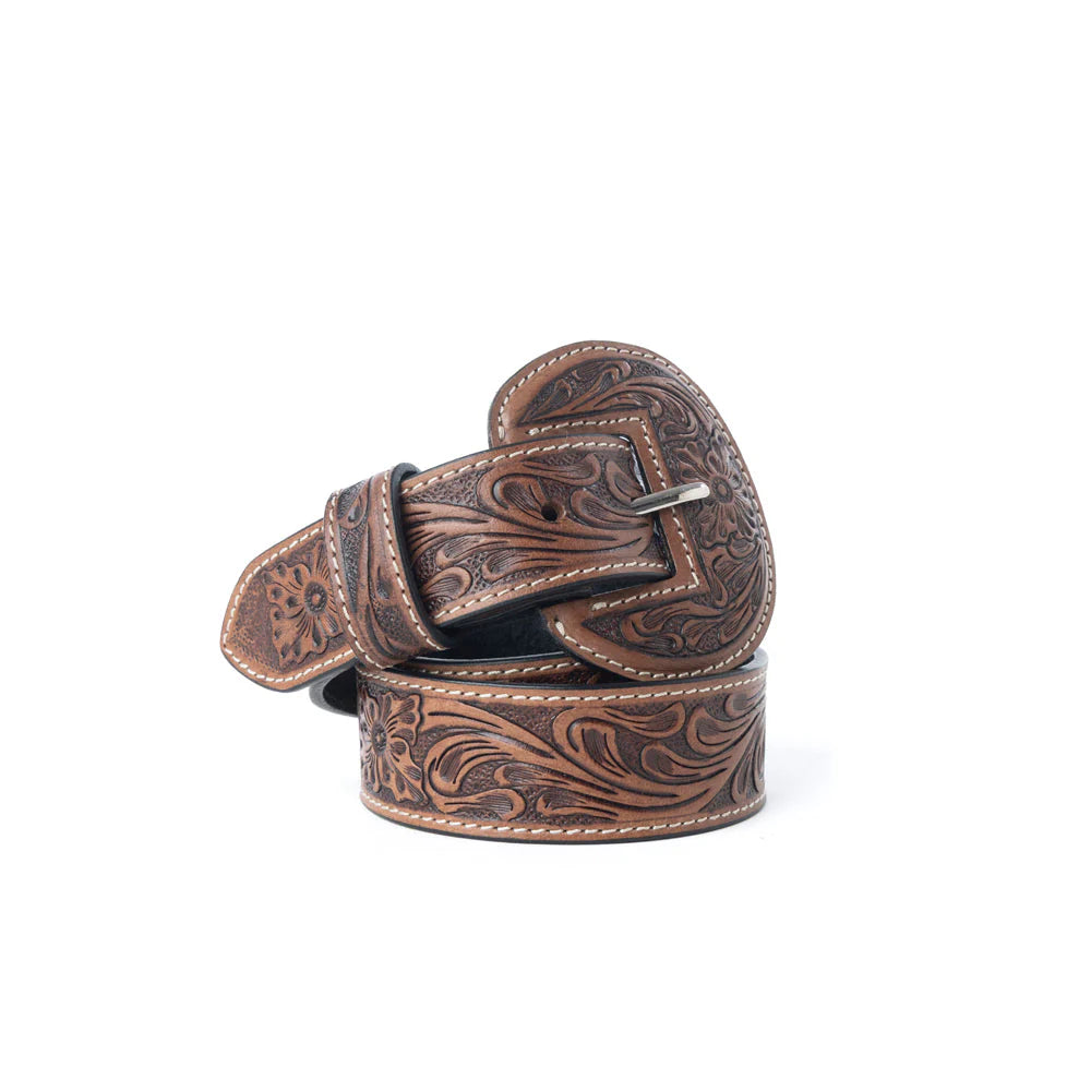 Brown leather belt with intricate designs on a white background