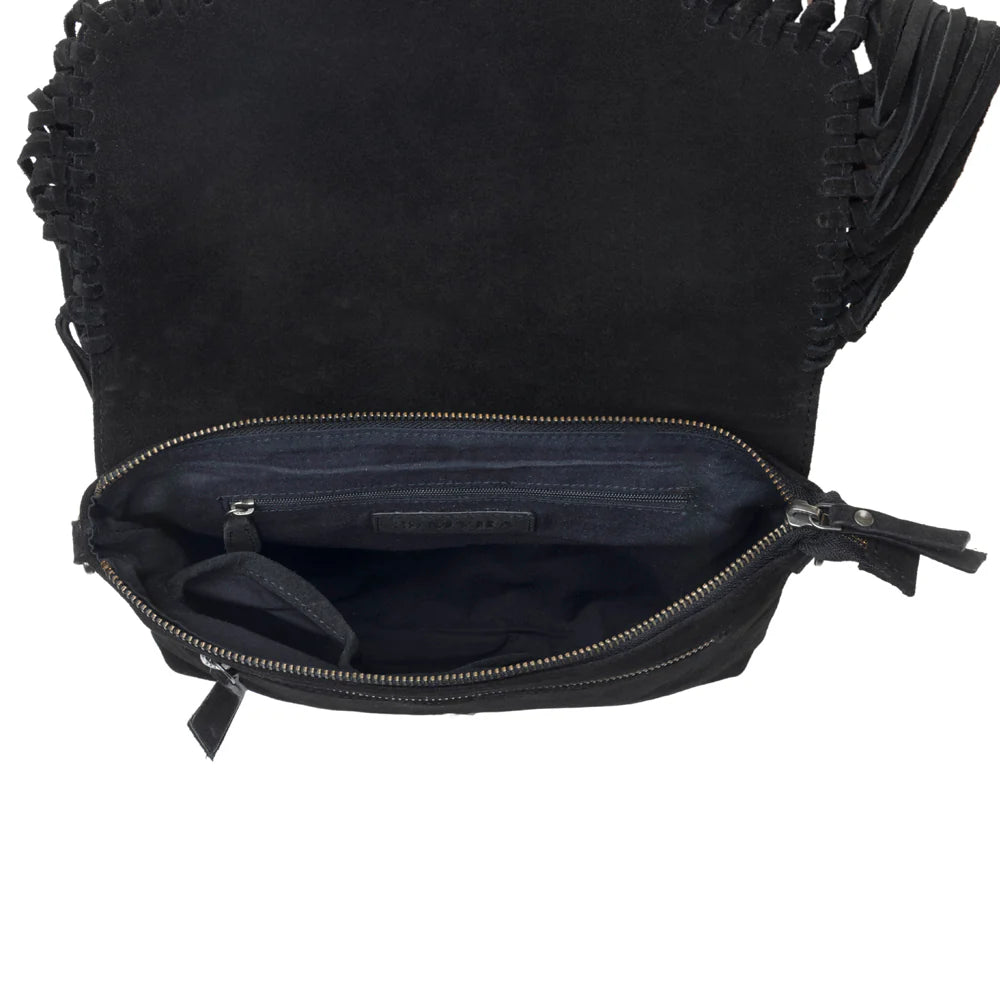 Black leather handbag with fringe details on a white background