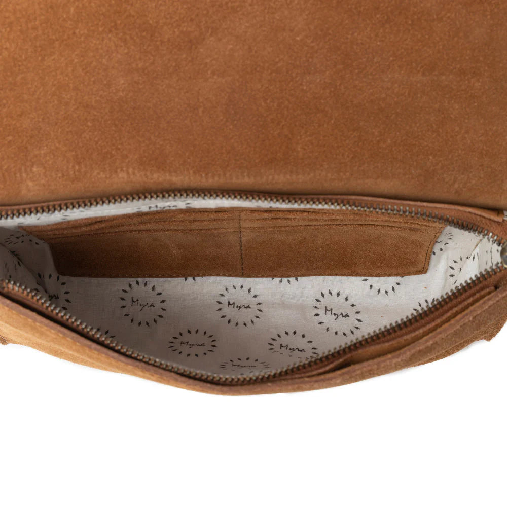 Close-up of a brown leather bag with a patterned interior lining.