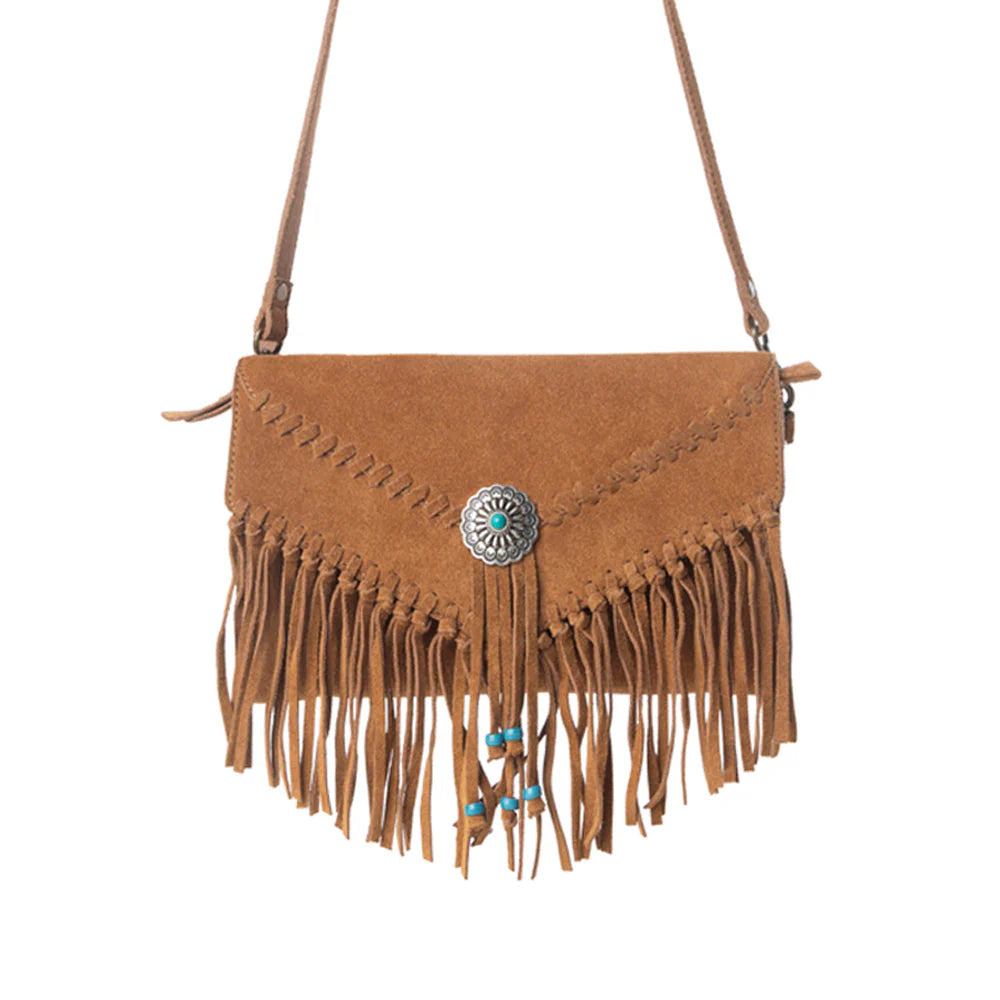 Brown suede handbag with fringe and a decorative clasp on a white background