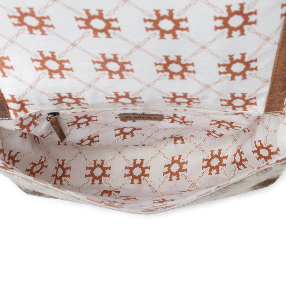 Close-up of a bag with a patterned interior on a white background