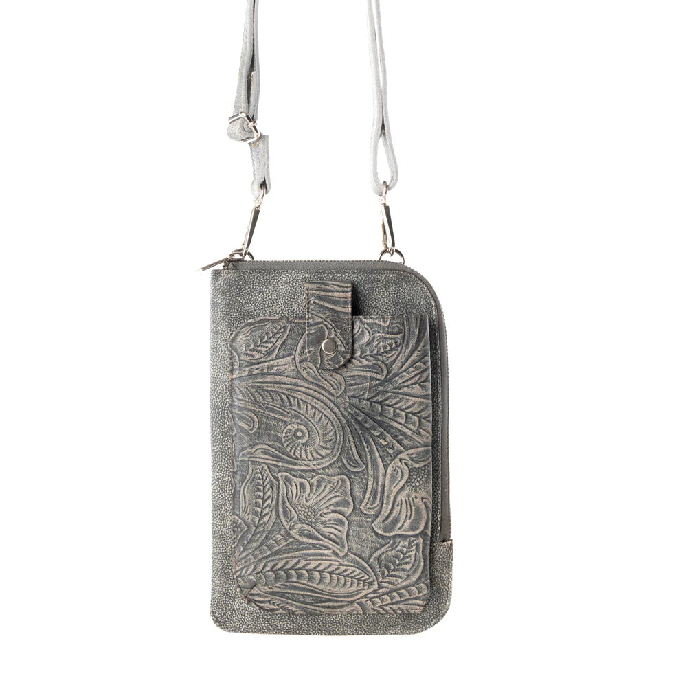 Gray leather crossbody bag with intricate patterns on a white background