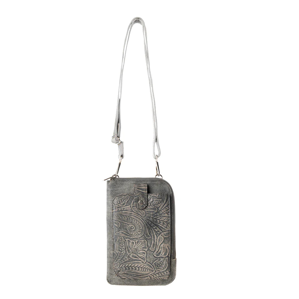 Gray patterned crossbody bag on a white background