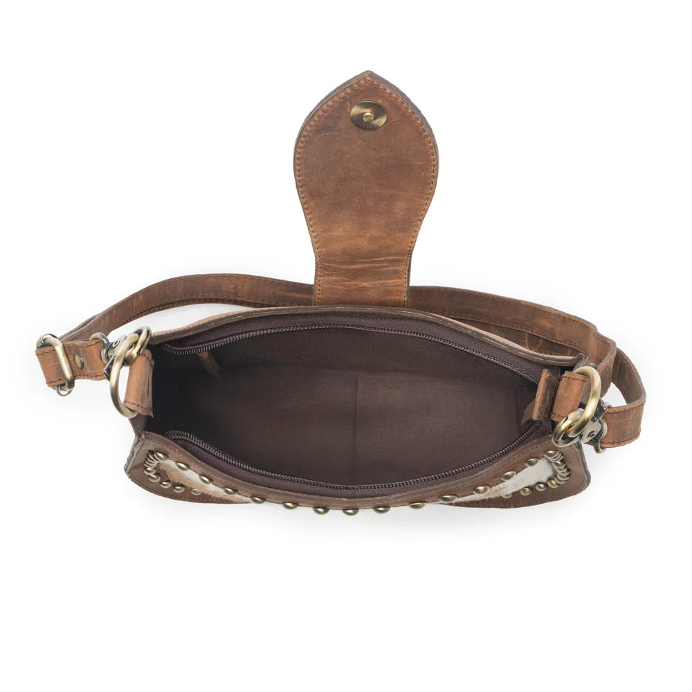 Brown leather bag with gold accents on a white background