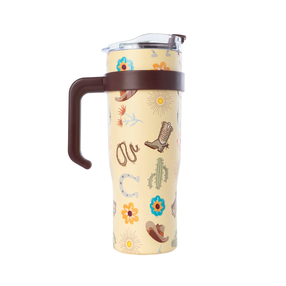 Travel mug with cowboy-themed design on a white background