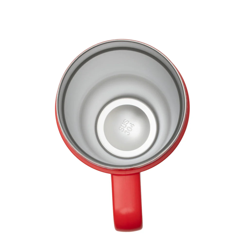Red mug with a silver interior on a white background