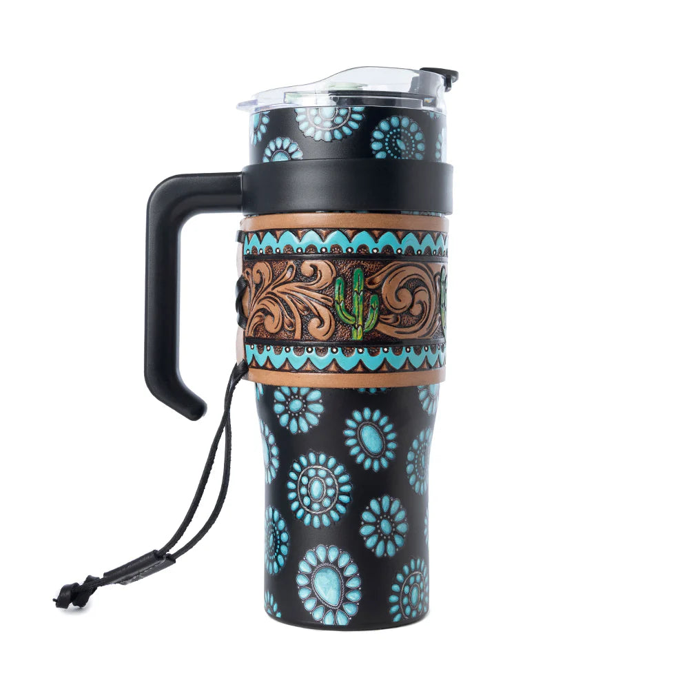 Travel mug with decorative pattern on a white background