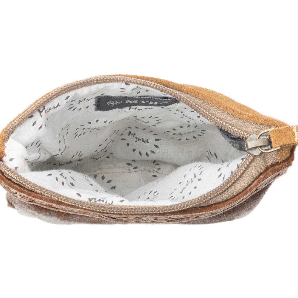 Small pouch with a patterned interior and visible brand logo on a white background