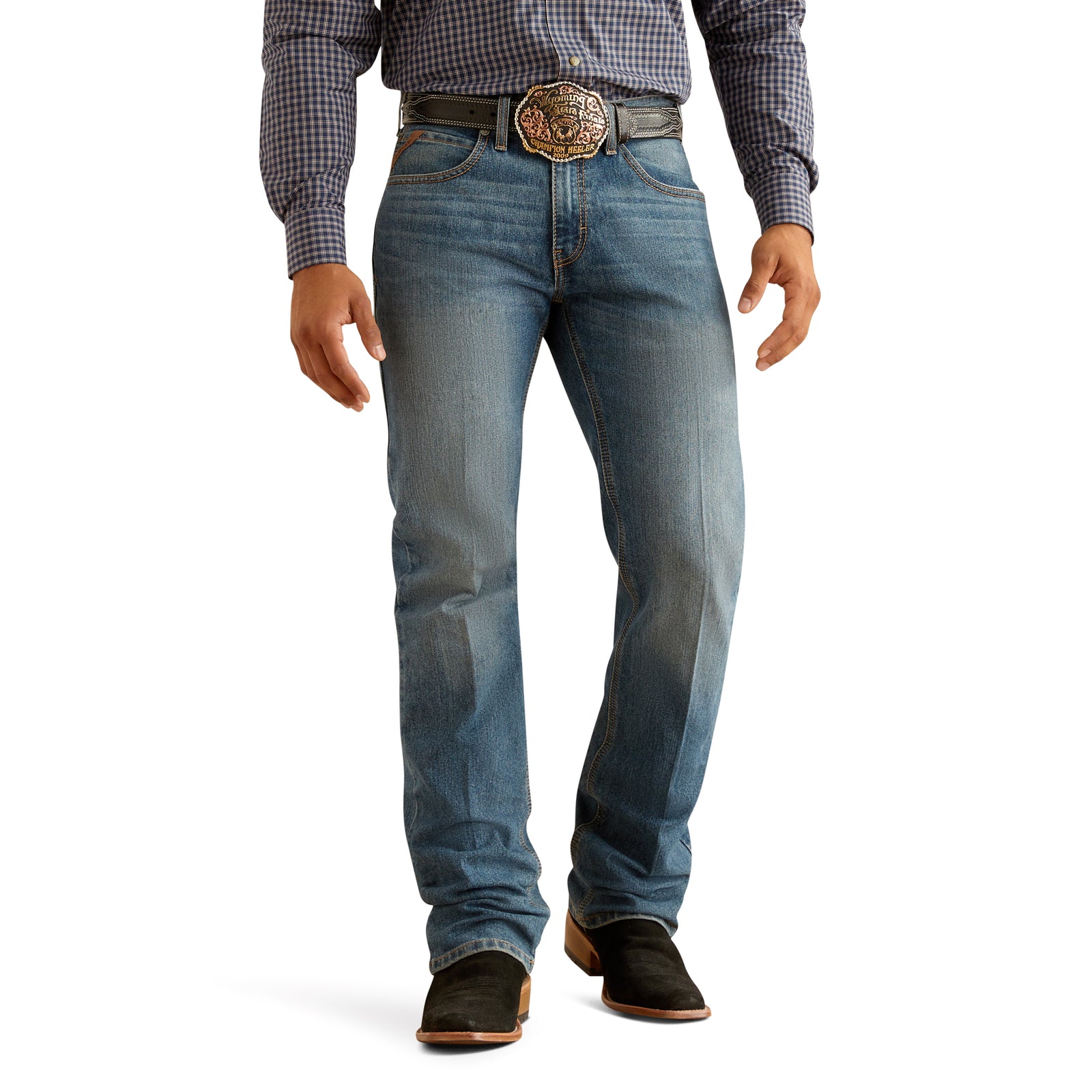 Ariat Men's M5 Performance Pro Rip Straight Leg Jean. Person wearing blue jeans with a belt and checkered shirt on a white background