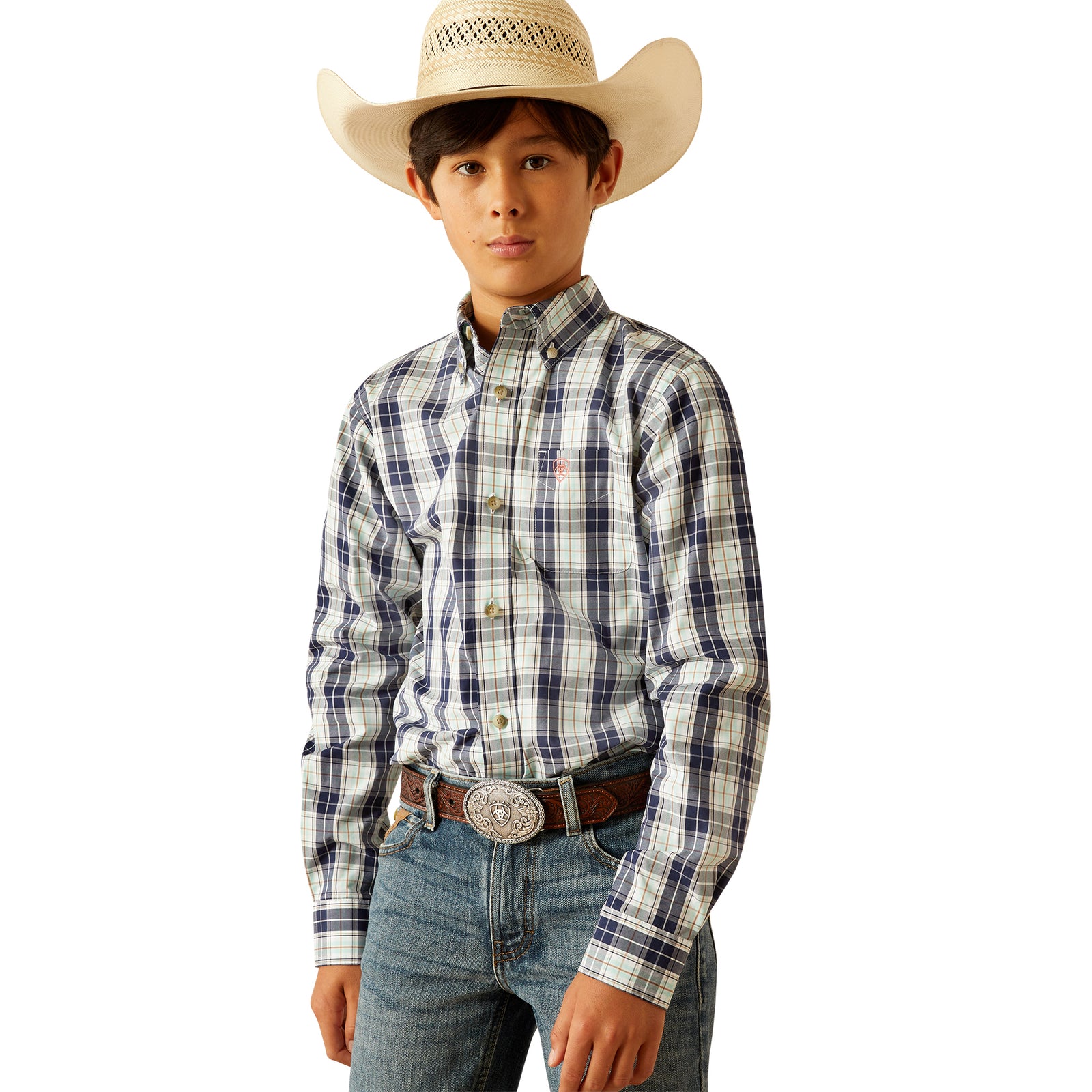 Ariat Boy's Pro Series Curtis L/S Western Shirt. Child wearing a plaid shirt, jeans, and a cowboy hat on a white background