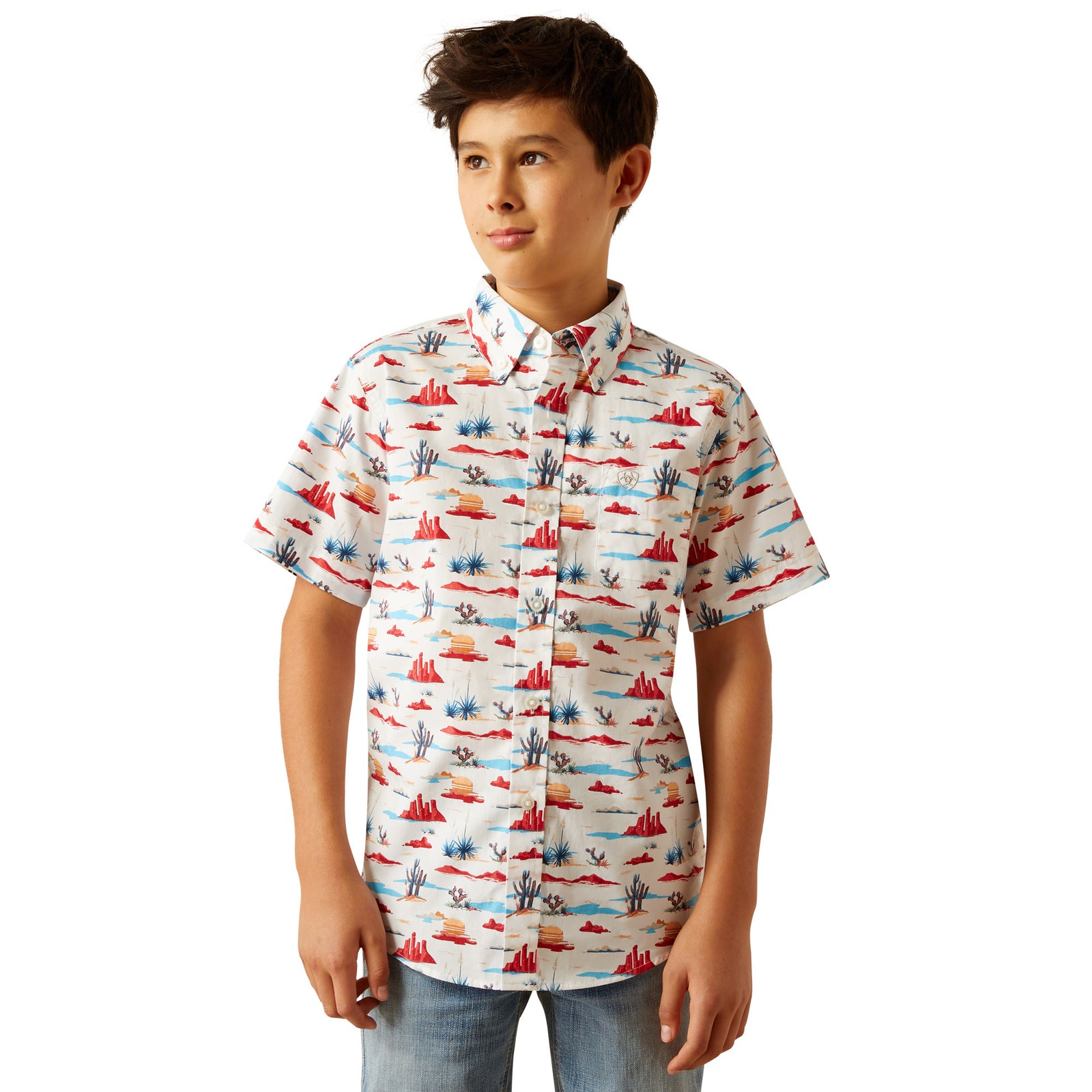 Ariat Boy's Scout S/S Western Shirt. Child wearing a colorful patterned shirt on a white background