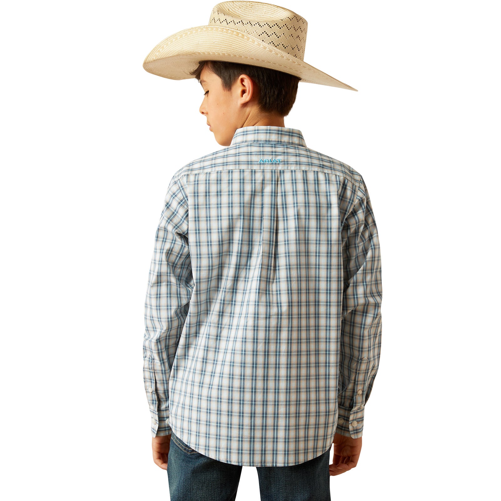 Ariat Boy's Pro Series Shelton L/S Western Shirt. Child wearing a plaid shirt and cowboy hat on a white background