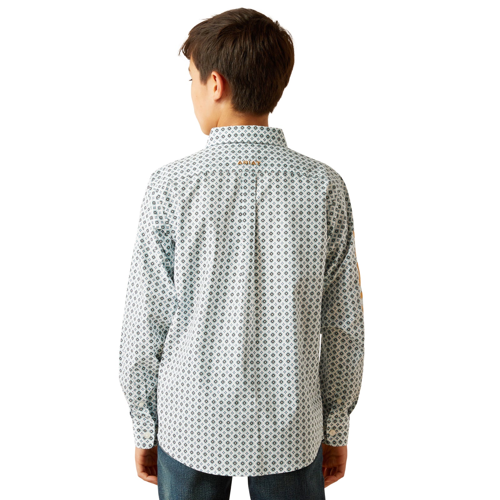 Ariat Boy's Team Franklin L/S Western Shirt. Person wearing a patterned shirt on a white background