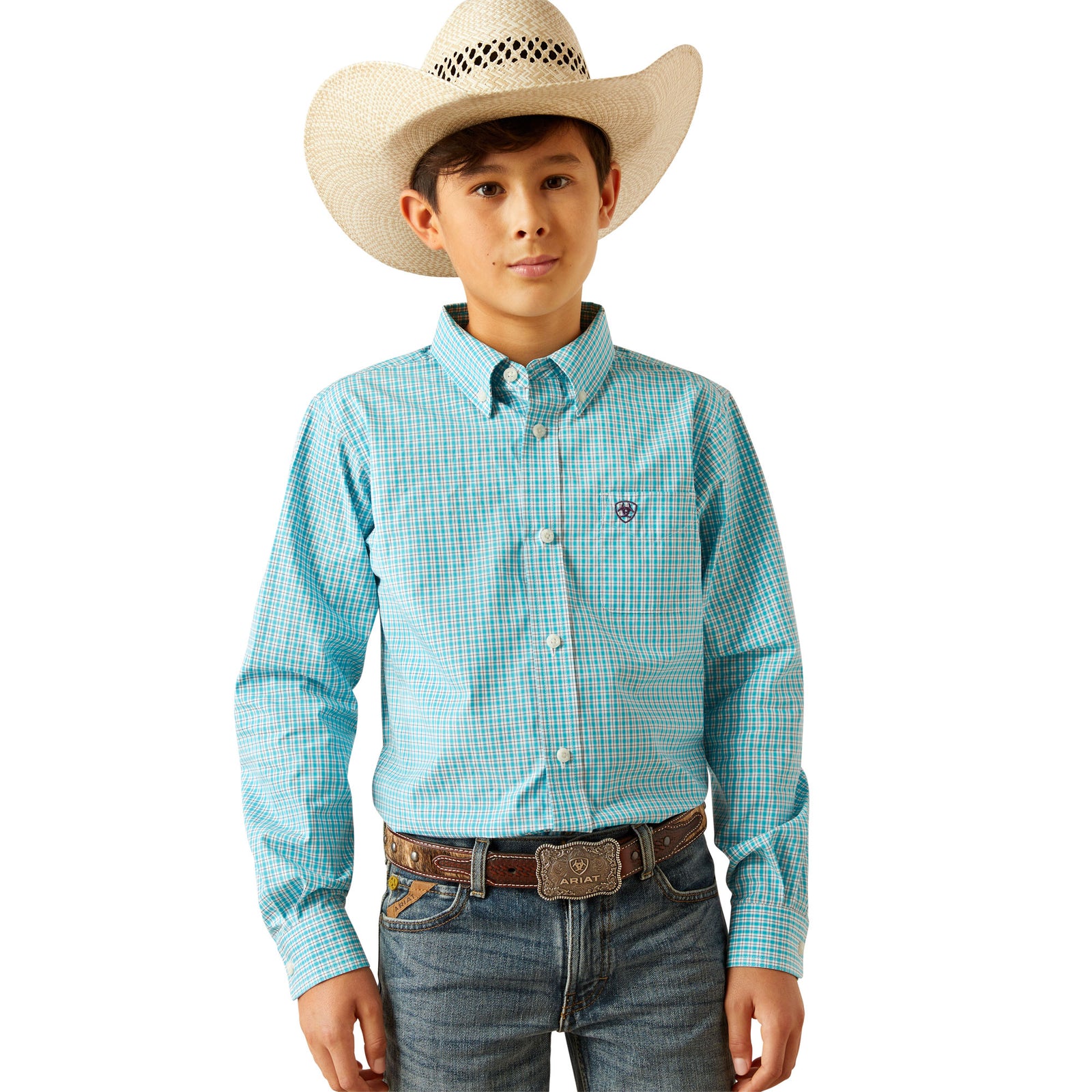 Ariat Boy's Pro Series Wilmer L/S Western Shirt. Child wearing a blue checkered shirt, jeans, and a cowboy hat on a white background