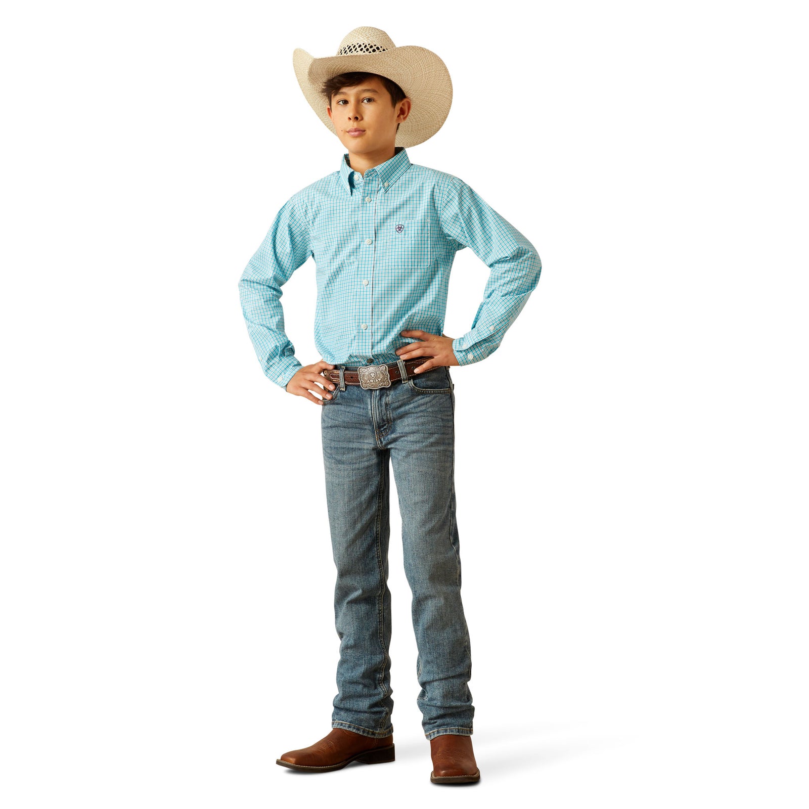Ariat Boy's Pro Series Wilmer L/S Western Shirt. Person wearing a light blue checkered shirt, jeans, and a cowboy hat on a white background
