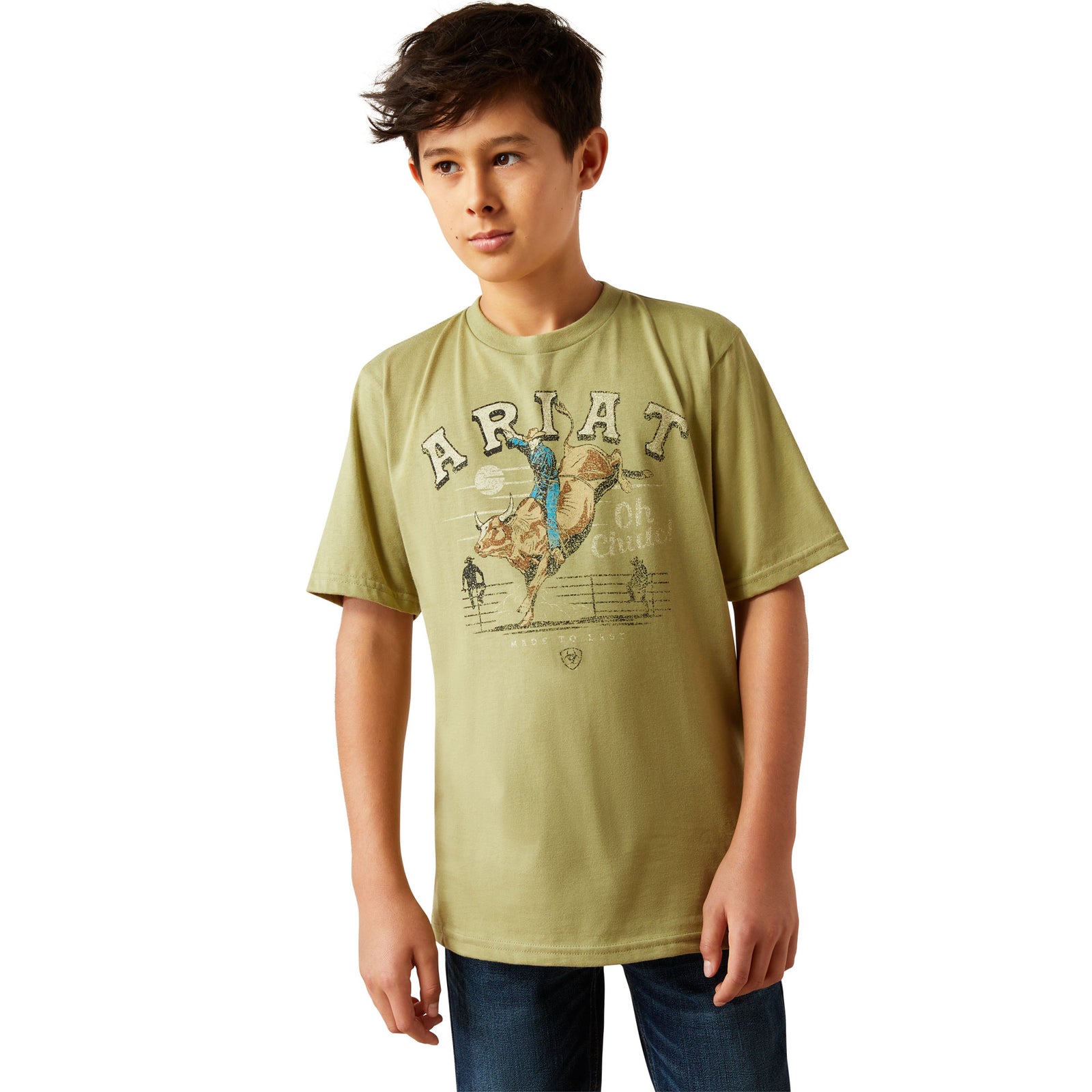 Ariat Boy's Oh Chute T-Shirt. Child wearing a green t-shirt with 'Ariat' branding on a white background