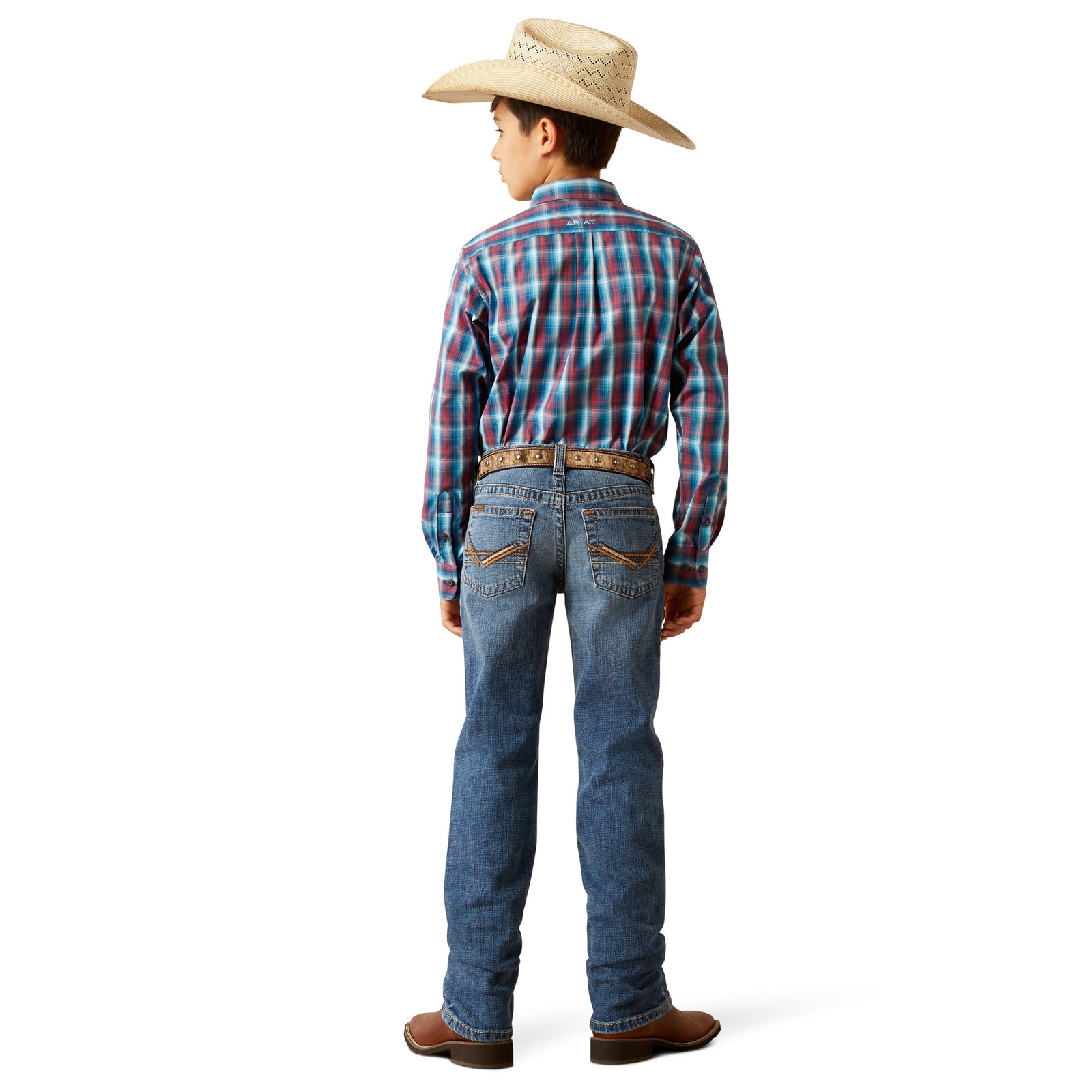 Ariat Boy's B5 Slim Bennet Straight Leg Jean. Person wearing a plaid shirt, jeans, and cowboy hat on a white background