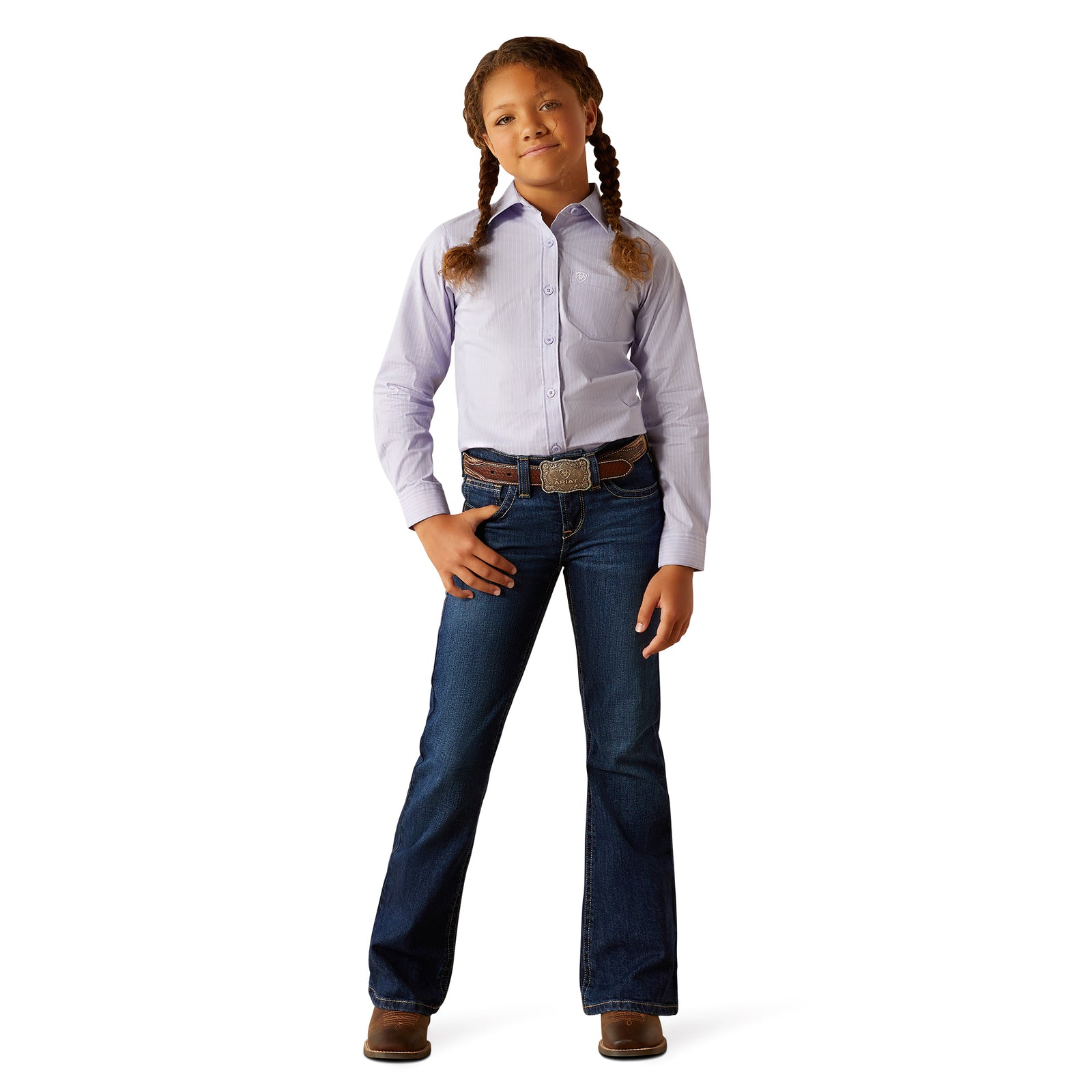 Ariat Girl's Kirby L/S Western Shirt. Young girl wearing a light purple shirt and blue jeans on a white background