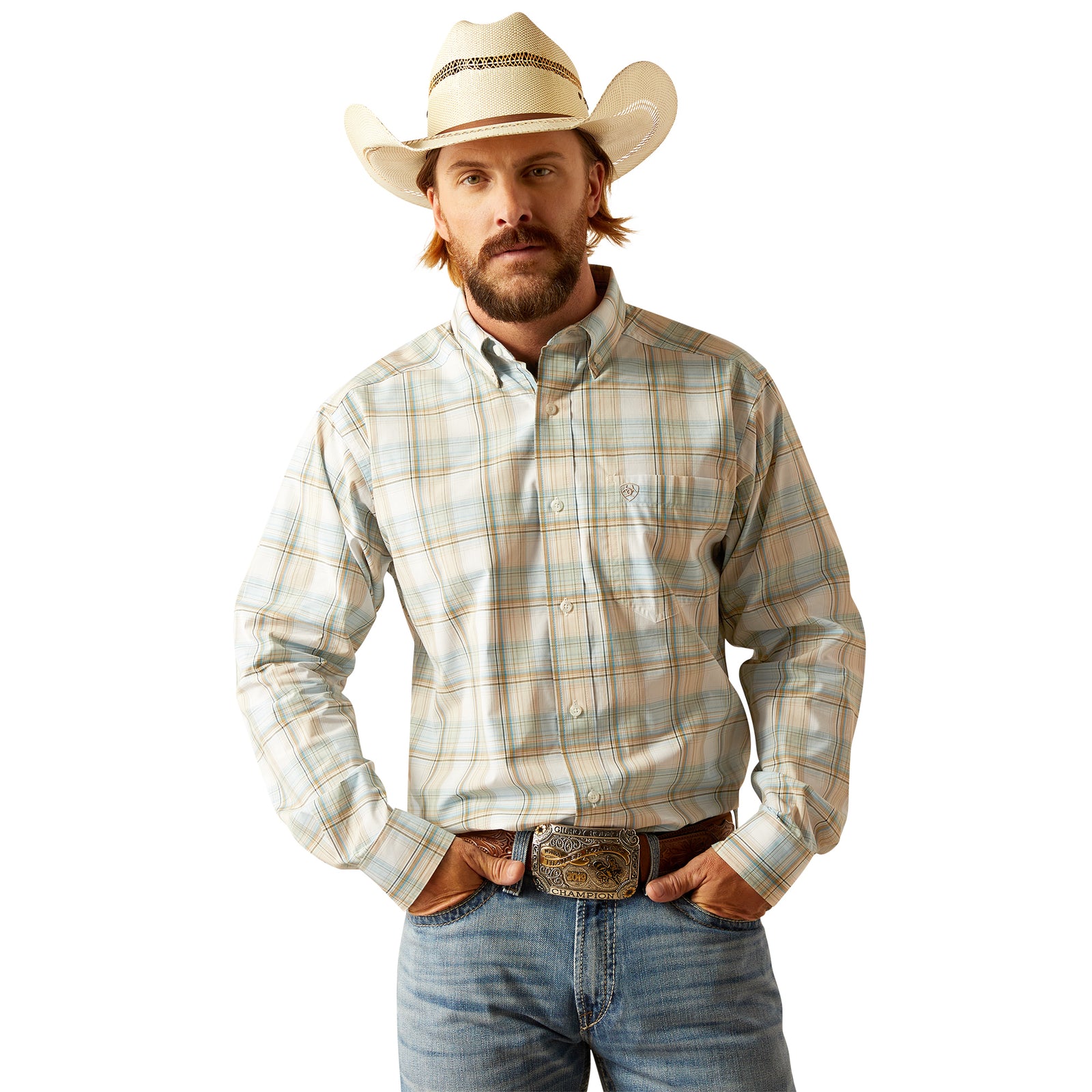 Ariat Men's Pro Series Georgie L/S Western Shirt. Man wearing a plaid shirt, jeans, and a cowboy hat on a white background