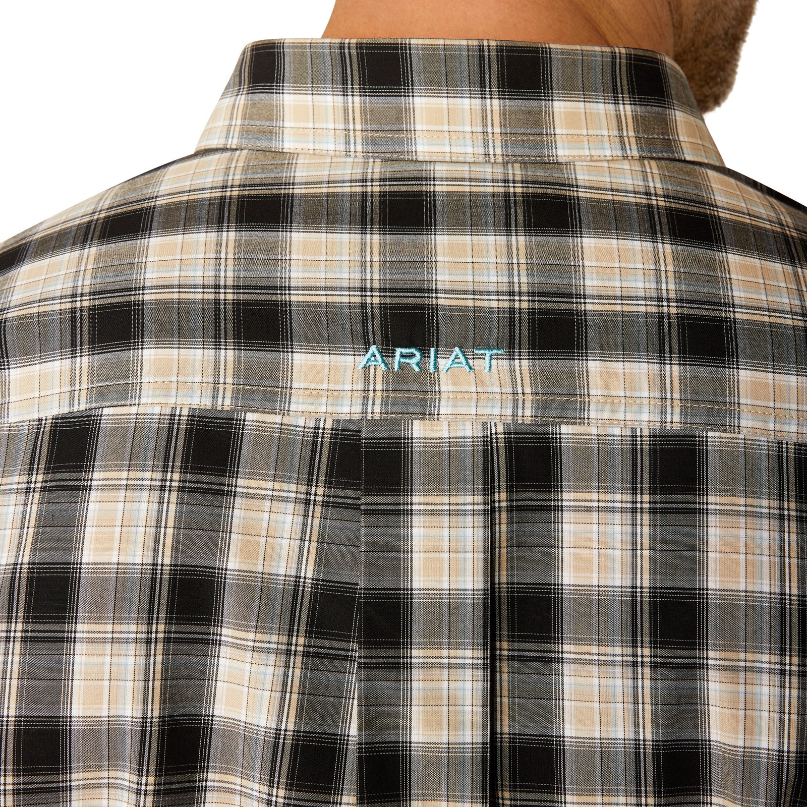 Ariat Men's Pro Series Garrett L/S Western Shirt. Plaid shirt with 'Ariat' logo on a white background
