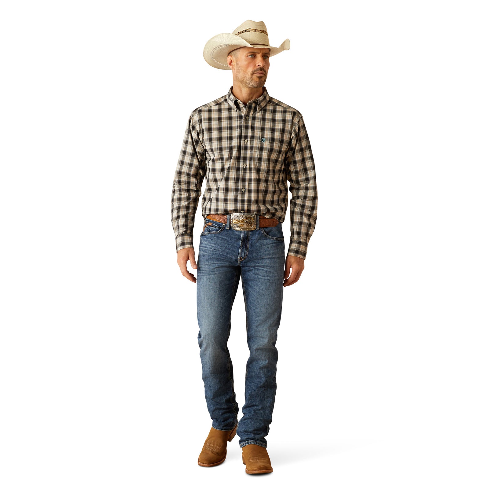 Ariat Men's Pro Series Garrett L/S Western Shirt. Man wearing a plaid shirt, jeans, and cowboy hat on a white background