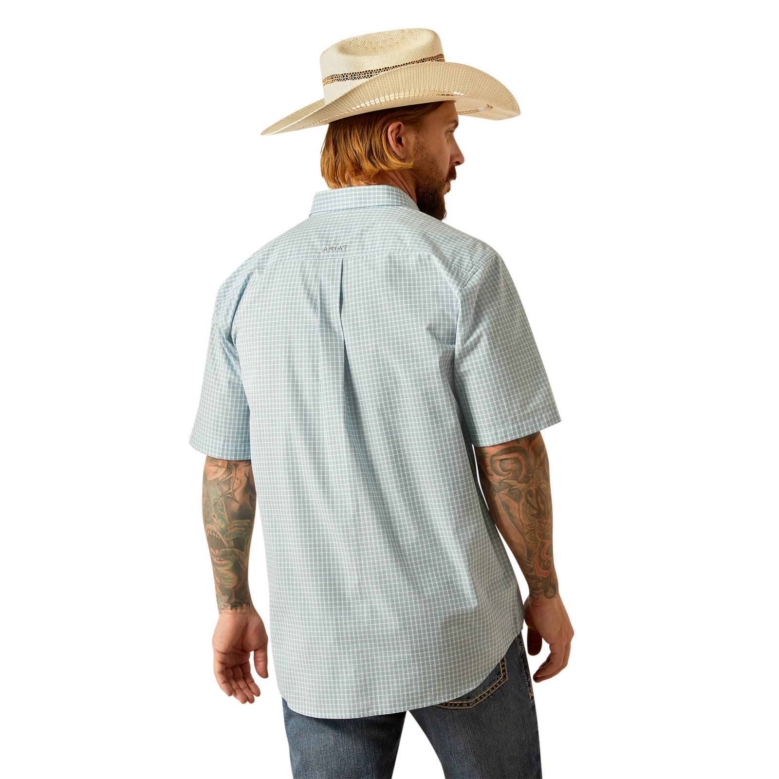 Ariat Men's Pro Series Glennie Classic Fit S/S Western Shirt. Man wearing a light blue checkered shirt and cowboy hat on a white background