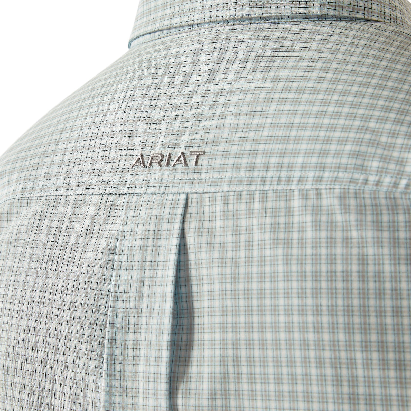 Ariat Men's Pro Series Glennie Classic Fit S/S Western Shirt. Close-up of a checkered shirt with 'Ariat' logo on a white background