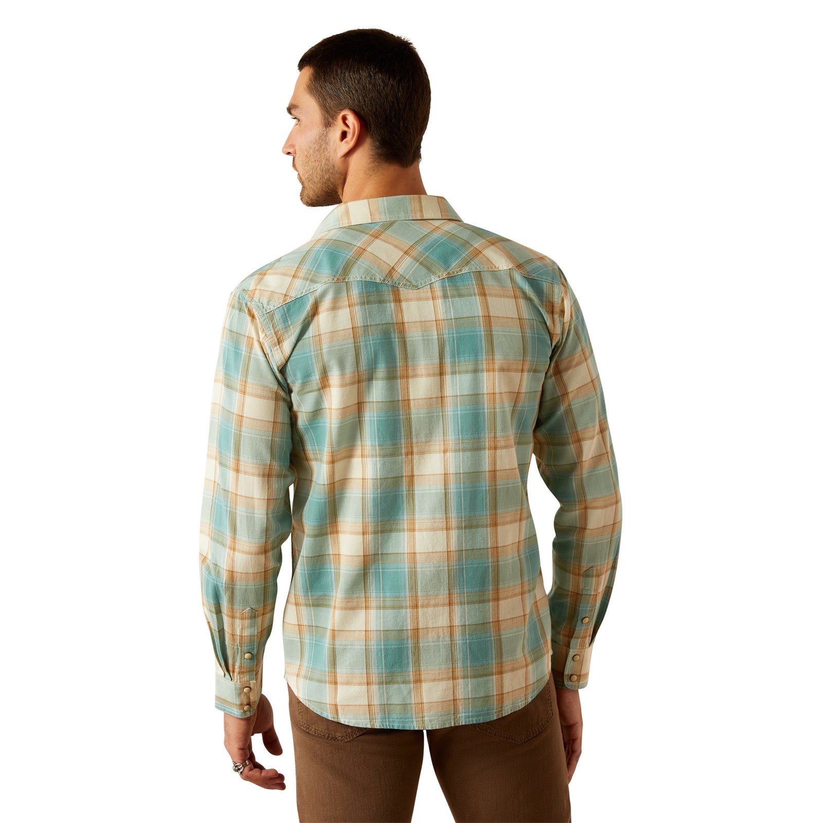 Ariat Men's Hardin Retro Fit L/S Western Shirt. Man wearing a plaid shirt on a white background